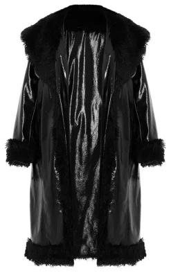 Plus Black Vinyl Faux Fur Detail Maxi Coat