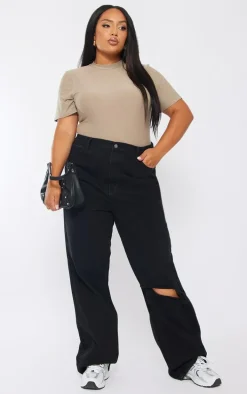 Plus Black Wash Open Knee Long Leg Straight Leg Jeans