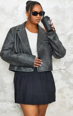 Plus Black Washed Faux Leather Cropped Blazer Jacket