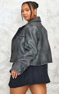 Plus Black Washed Faux Leather Cropped Blazer Jacket