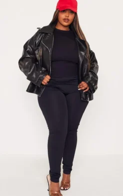 Plus Black Worn Faux Leather Oversized Biker Jacket