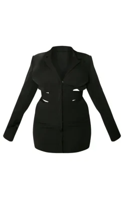 Plus Black Woven Cut Out Tie Back Blazer Dress