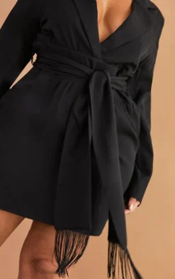 Plus Black Wrap Front Tassel Belted Dress