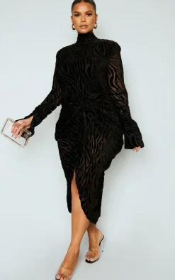 Plus Black Zebra Devore High Neck Draped Midi Dress