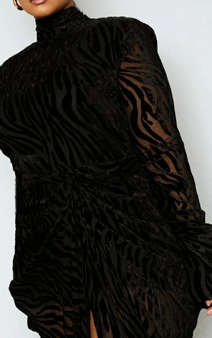 Plus Black Zebra Devore High Neck Draped Midi Dress