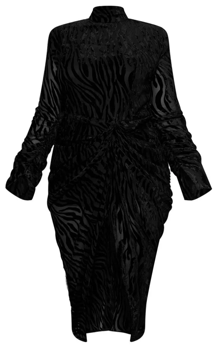 Plus Black Zebra Devore High Neck Draped Midi Dress