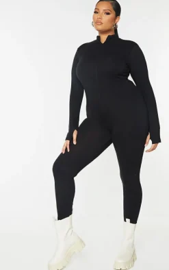 Plus Black Zip Up Long Sleeve Jumpsuit