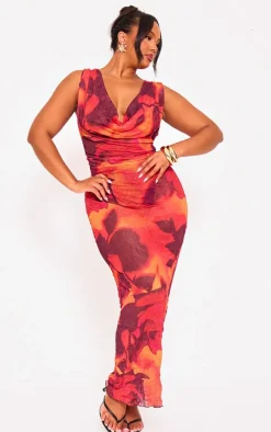 Plus Blood Orange Printed Crinkle Mesh Cowl Neck Maxi Dress