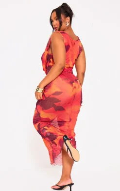 Plus Blood Orange Printed Crinkle Mesh Cowl Neck Maxi Dress