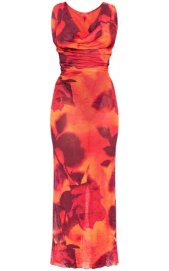 Plus Blood Orange Printed Crinkle Mesh Cowl Neck Maxi Dress