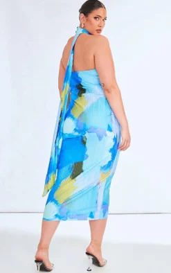Plus Blue Abstract Choker Plisse Midi Dress