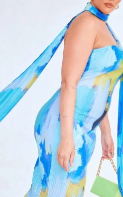 Plus Blue Abstract Choker Plisse Midi Dress