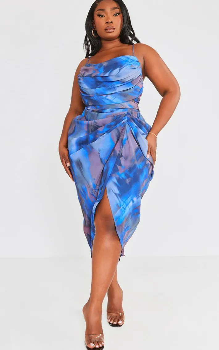 Plus Blue Abstract Print Chiffon Ruched Drape Midi Dress