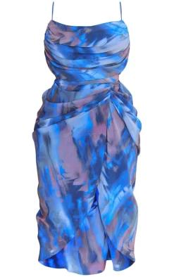 Plus Blue Abstract Print Chiffon Ruched Drape Midi Dress