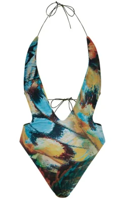 Plus Blue Butterfly Print Plunge Halterneck Swimsuit