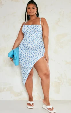 Plus Blue Ditsy Floral Lace Up Back Asymmetric Hem Midi Dress