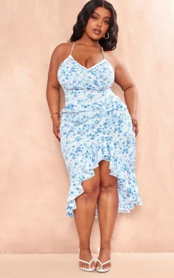 Plus Blue Floral Print Lace Up Back Twist Detail Midi Dress