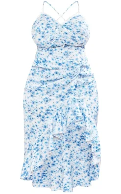 Plus Blue Floral Print Lace Up Back Twist Detail Midi Dress