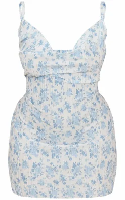 Plus Blue Floral Printed Plisse Cowl Neck Bodycon Dress