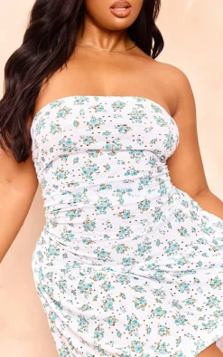 Plus Blue Floral Printed Broderie Frill Bandeau Bodycon Dress