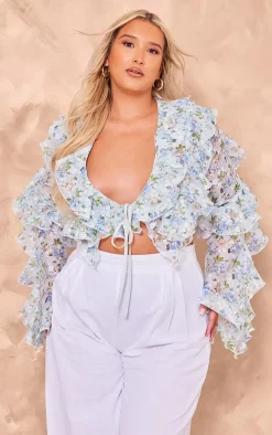 Plus Blue Floral Sheer Woven Ruffle Tie Crop Blouse