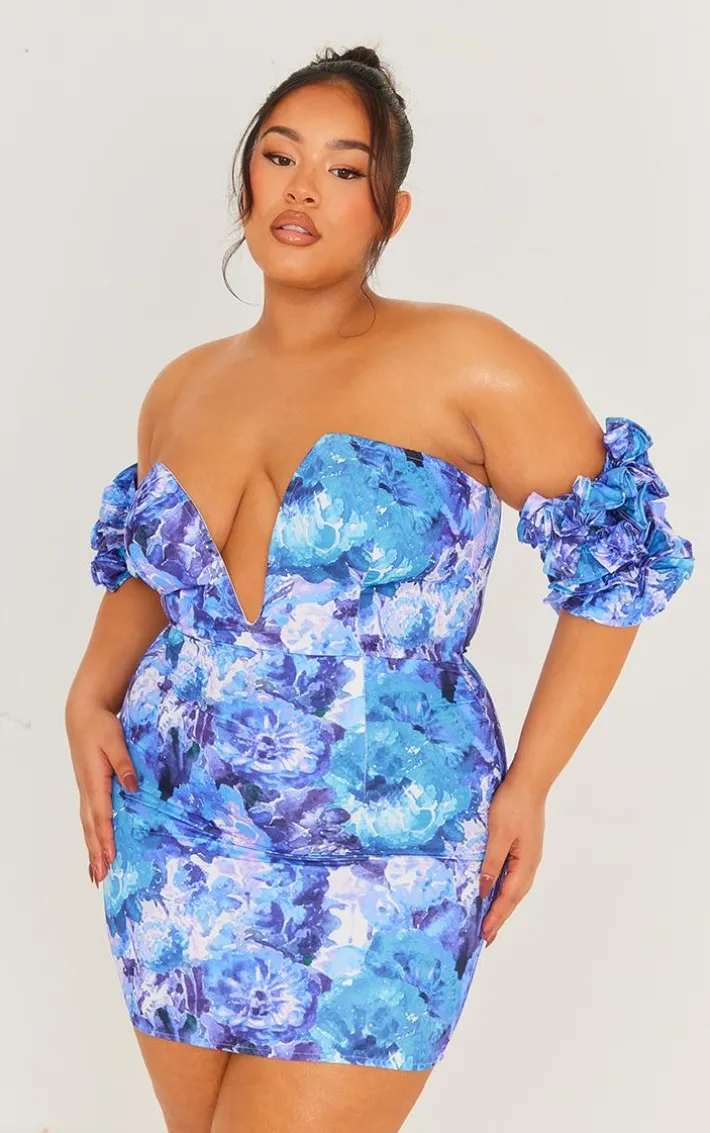 Plus Blue Floral V Neck Ruffle Sleeve Bodycon Dress