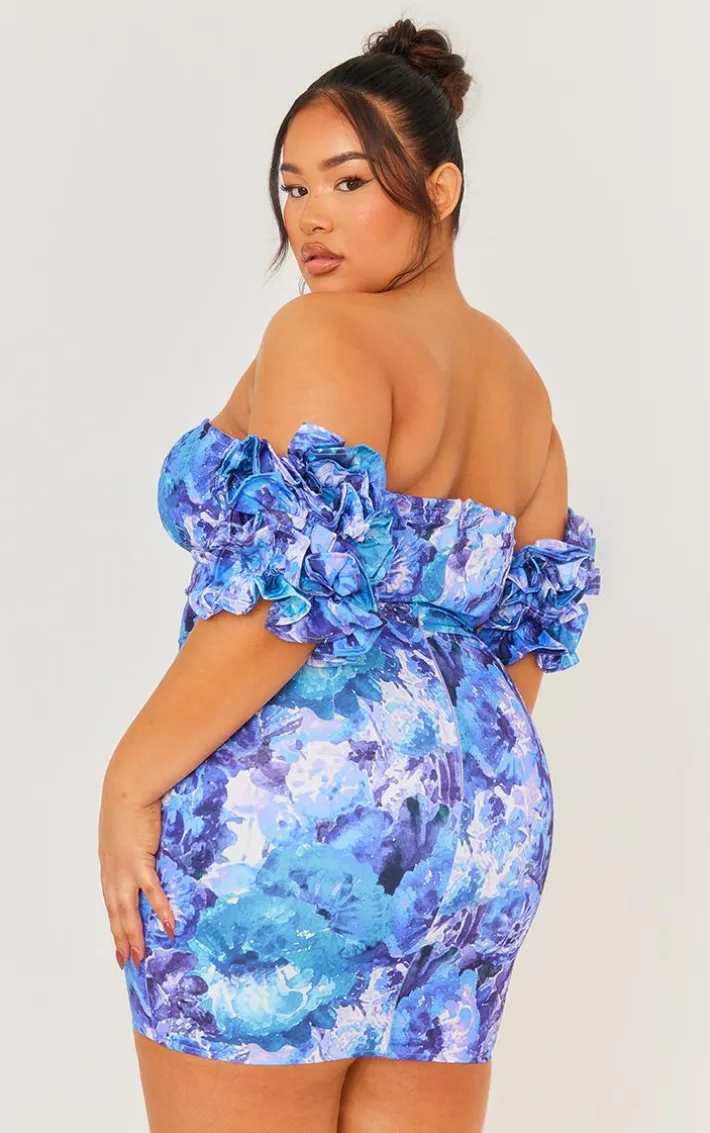 Plus Blue Floral V Neck Ruffle Sleeve Bodycon Dress