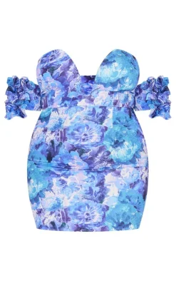 Plus Blue Floral V Neck Ruffle Sleeve Bodycon Dress