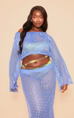 Plus Blue Knitted Cropped Tassel Detail Top