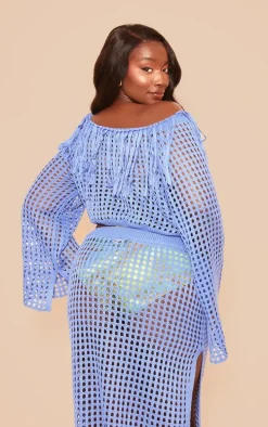 Plus Blue Knitted Cropped Tassel Detail Top