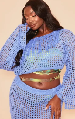 Plus Blue Knitted Cropped Tassel Detail Top