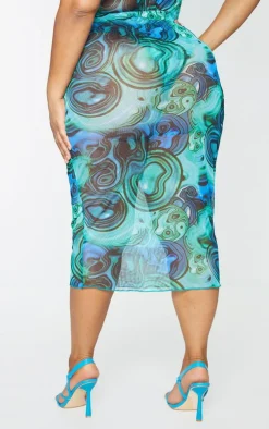 Plus Blue Marble Print Print Mesh Bodycon Midi Skirt