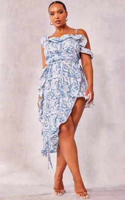 Plus Blue Marble Printed Ruffle Asymmetric Hem Midi Dress
