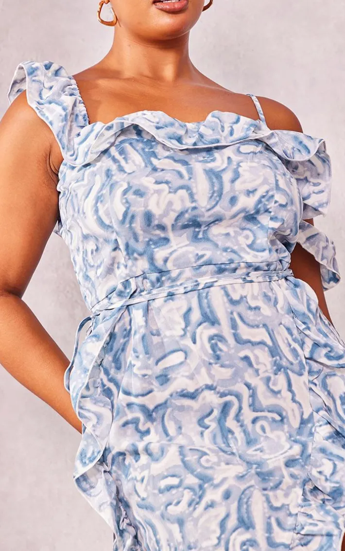 Plus Blue Marble Printed Ruffle Asymmetric Hem Midi Dress