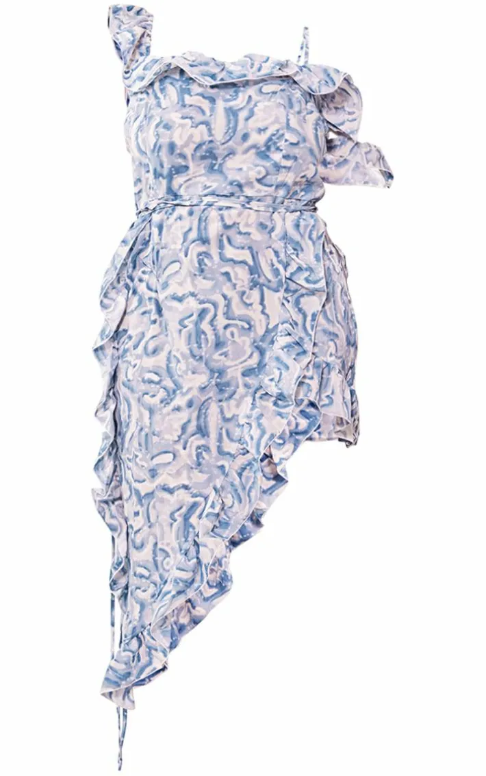 Plus Blue Marble Printed Ruffle Asymmetric Hem Midi Dress