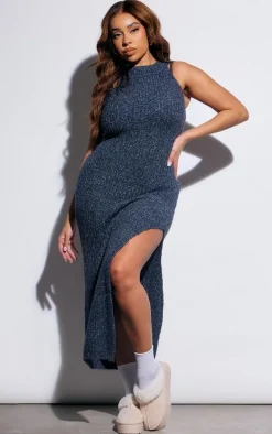 Plus Blue Marl Knit High Neck Racer Maxi Dress