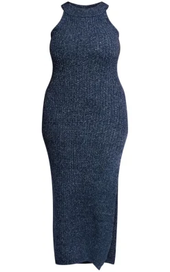 Plus Blue Marl Knit High Neck Racer Maxi Dress