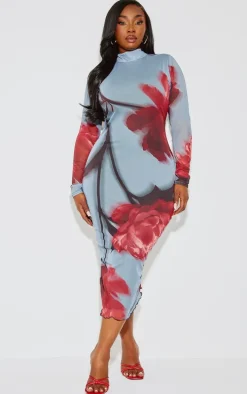Plus Blue Placement Floral Print Long Sleeve Midi Dress