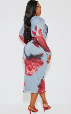 Plus Blue Placement Floral Print Long Sleeve Midi Dress