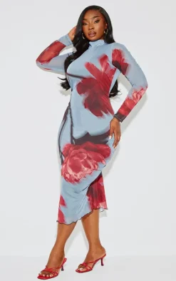 Plus Blue Placement Floral Print Long Sleeve Midi Dress