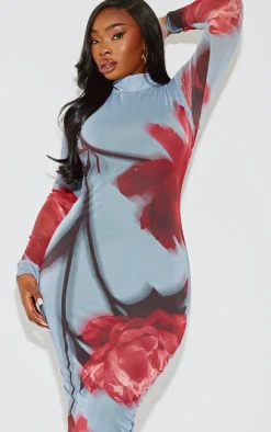 Plus Blue Placement Floral Print Long Sleeve Midi Dress