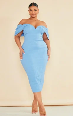 Plus Blue Textured Bardot Midi Dress