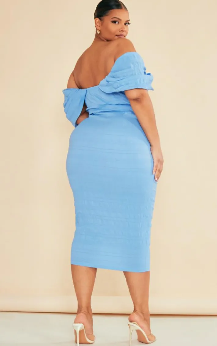 Plus Blue Textured Bardot Midi Dress