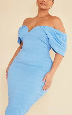 Plus Blue Textured Bardot Midi Dress