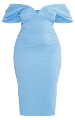 Plus Blue Textured Bardot Midi Dress