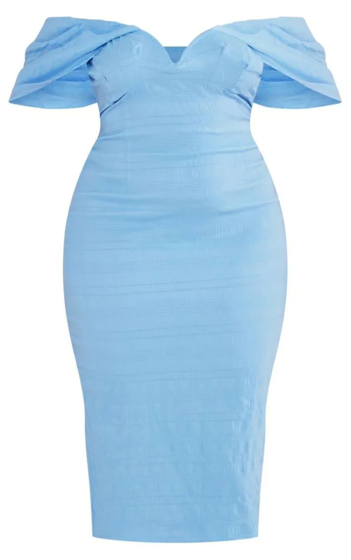 Plus Blue Textured Bardot Midi Dress
