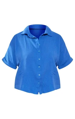 Plus Blue Textured Linen Look Short Sleeve Shirt