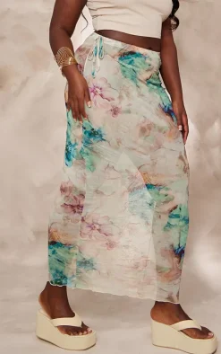 Plus Blue Tie Dye Print Crinkle Maxi Skirt