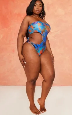 Plus Blue Tie Dye Printed Cut Out Bandeau Swimsuit