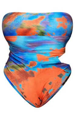 Plus Blue Tie Dye Printed Cut Out Bandeau Swimsuit